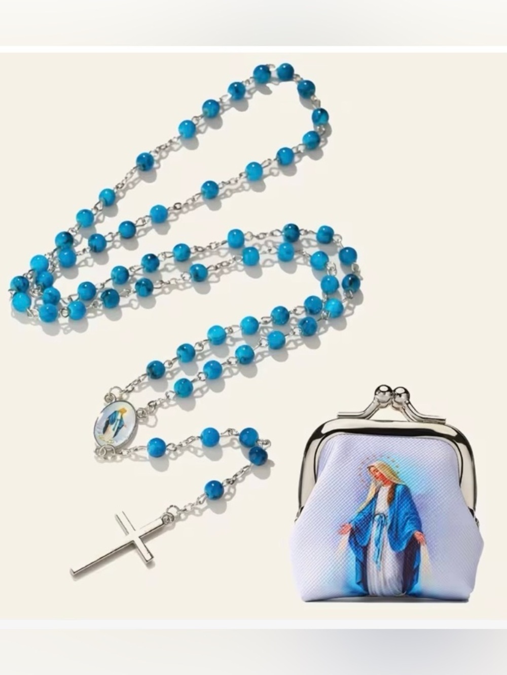 Blue Mary Rosary Beads with Virgin Mary Coin Pouch